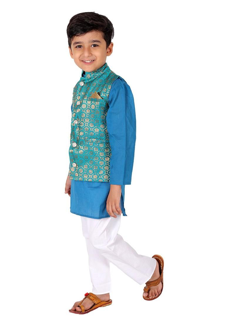 Blue Woven Design Cotton Nehru Jacket Set For Boys - Indya