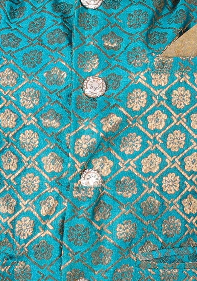 Blue Woven Design Cotton Nehru Jacket Set For Boys - Indya
