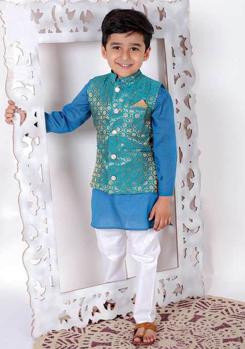 Blue Woven Design Cotton Nehru Jacket Set For Boys