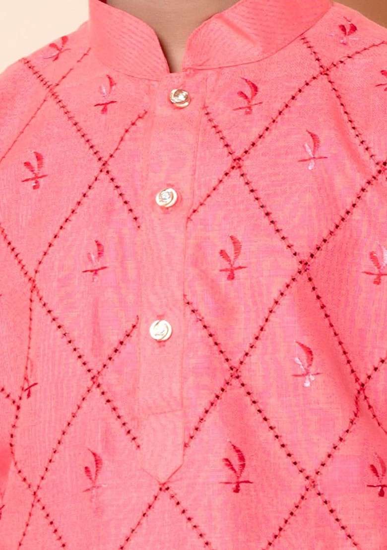 Orange Embroidered Blended Kurta Set For Boys - Indya