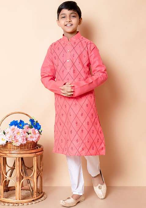 Orange Embroidered Blended Kurta Set For Boys