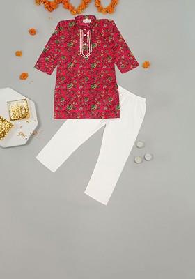 Red Printed Cotton Kurta Set For Boys