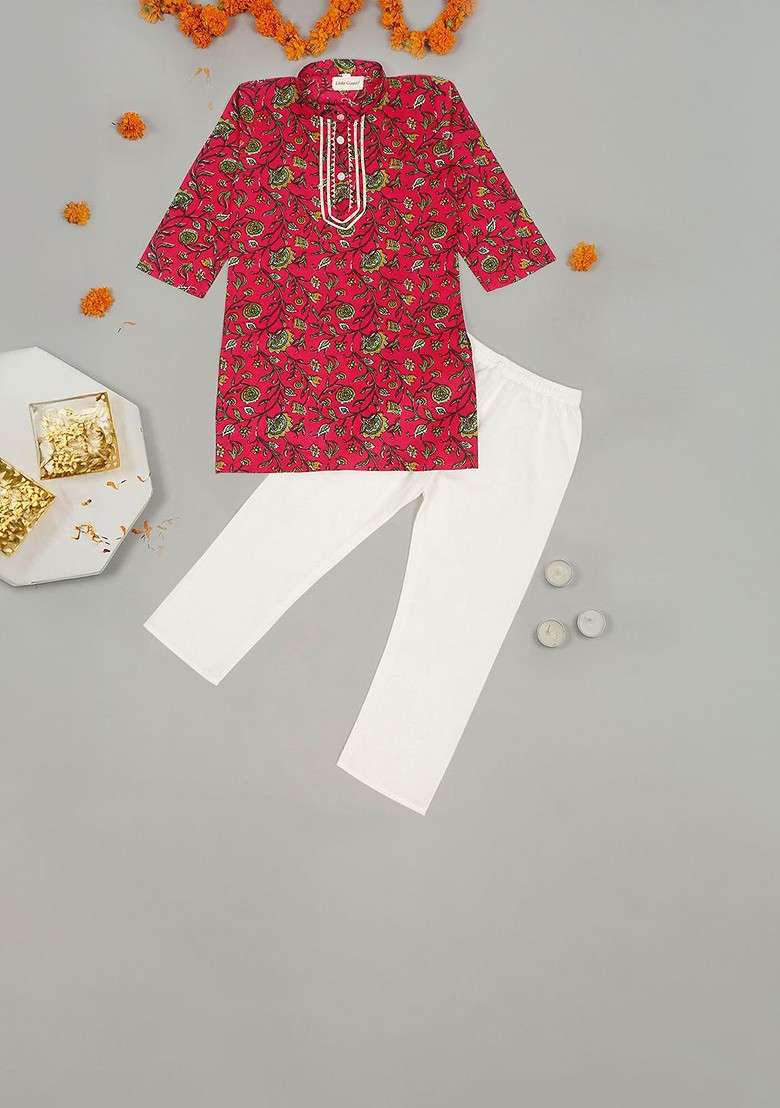 Red Printed Cotton Kurta Set For Boys - Indya