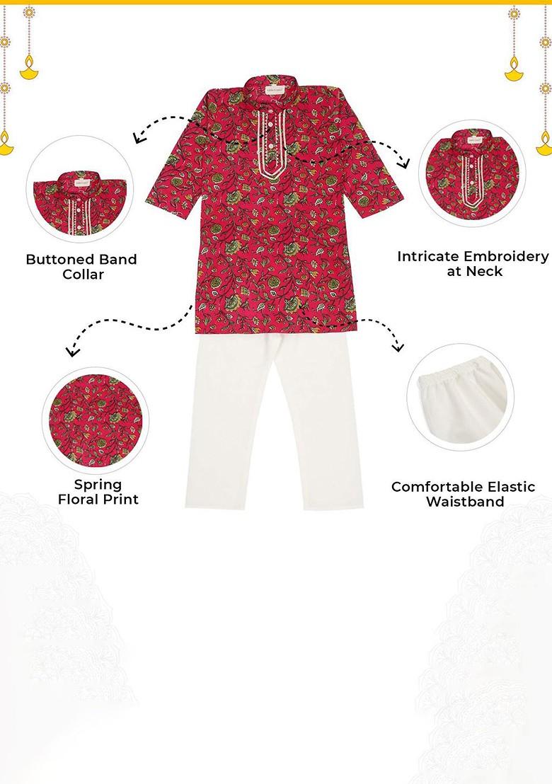 Red Printed Cotton Kurta Set For Boys - Indya