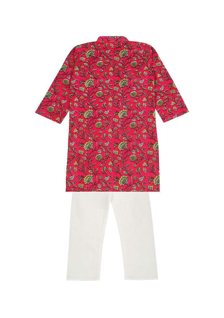 Red Printed Cotton Kurta Set For Boys - Indya
