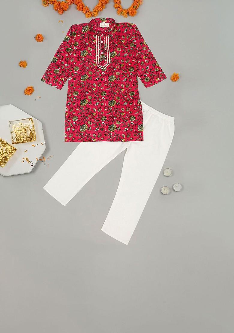 Red Printed Cotton Kurta Set For Boys - Indya