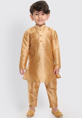 Gold Embroidered Blended Kurta Set For Boys