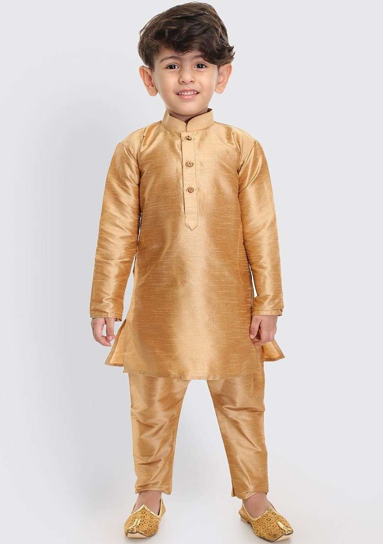 Gold Embroidered Blended Kurta Set For Boys - Indya