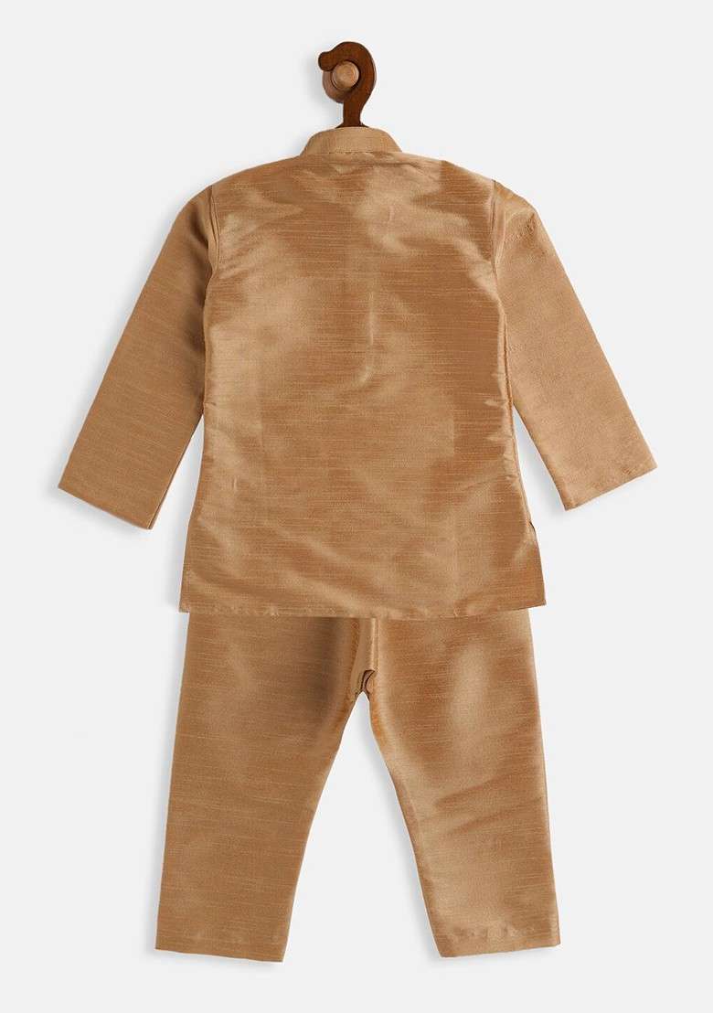 Gold Embroidered Blended Kurta Set For Boys - Indya