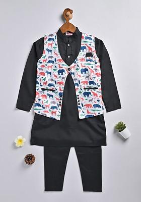 Black Printed Cotton Kurta Set For Boys