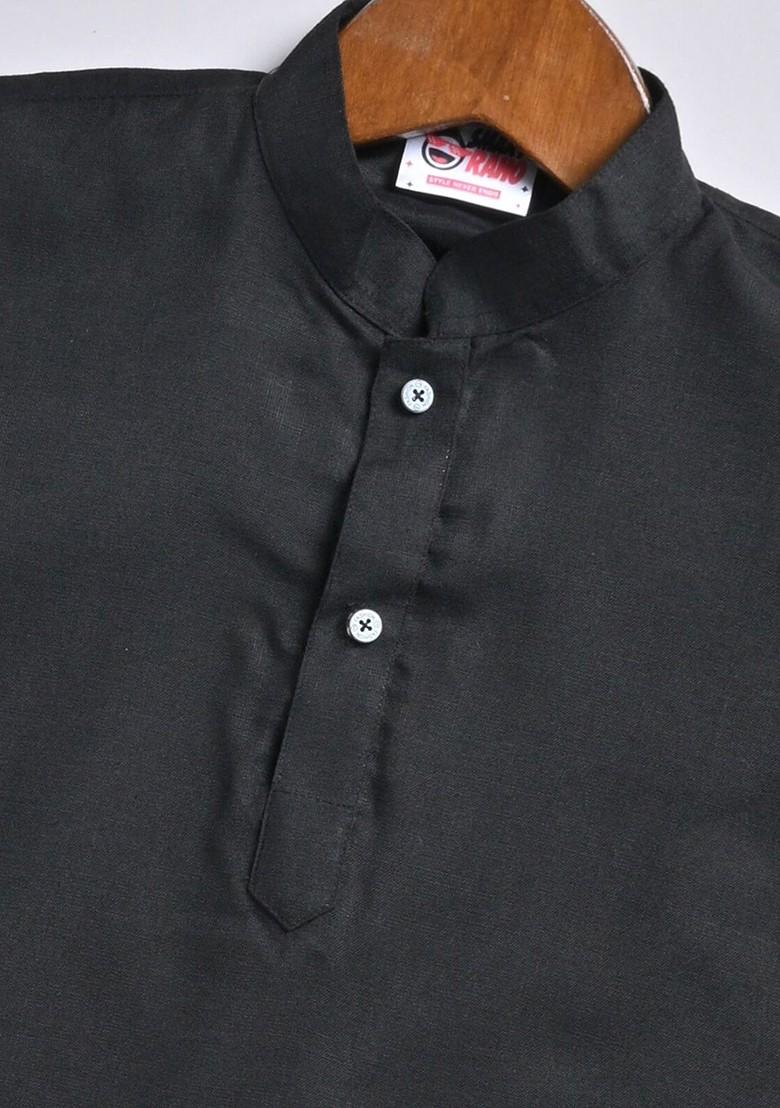 Black Printed Cotton Kurta Set For Boys - Indya