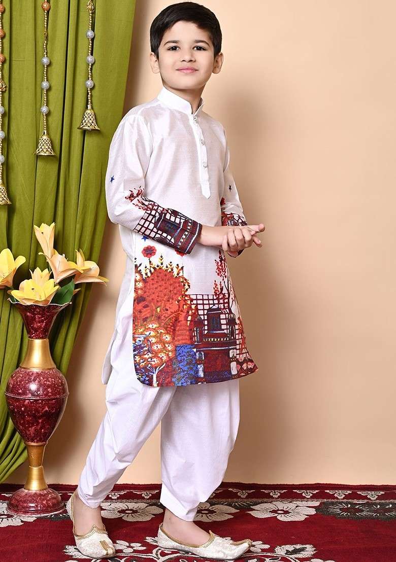 White Printed Silk Kurta Set For Boys - Indya