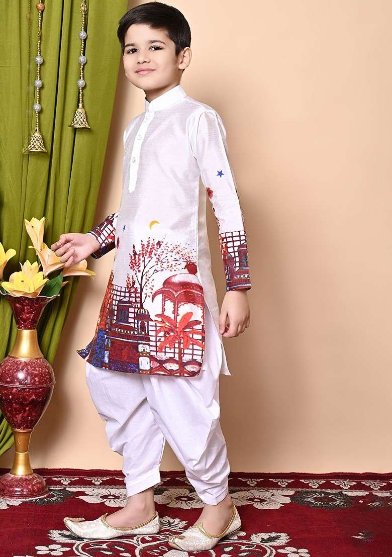 White Printed Silk Kurta Set For Boys - Indya