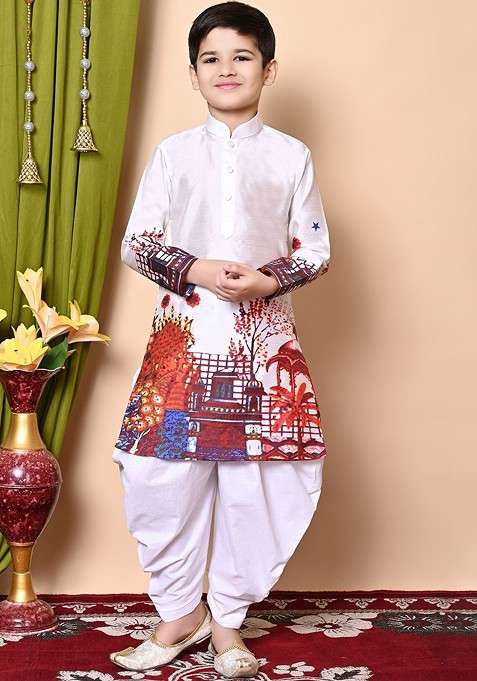 White Printed Silk Kurta Set For Boys