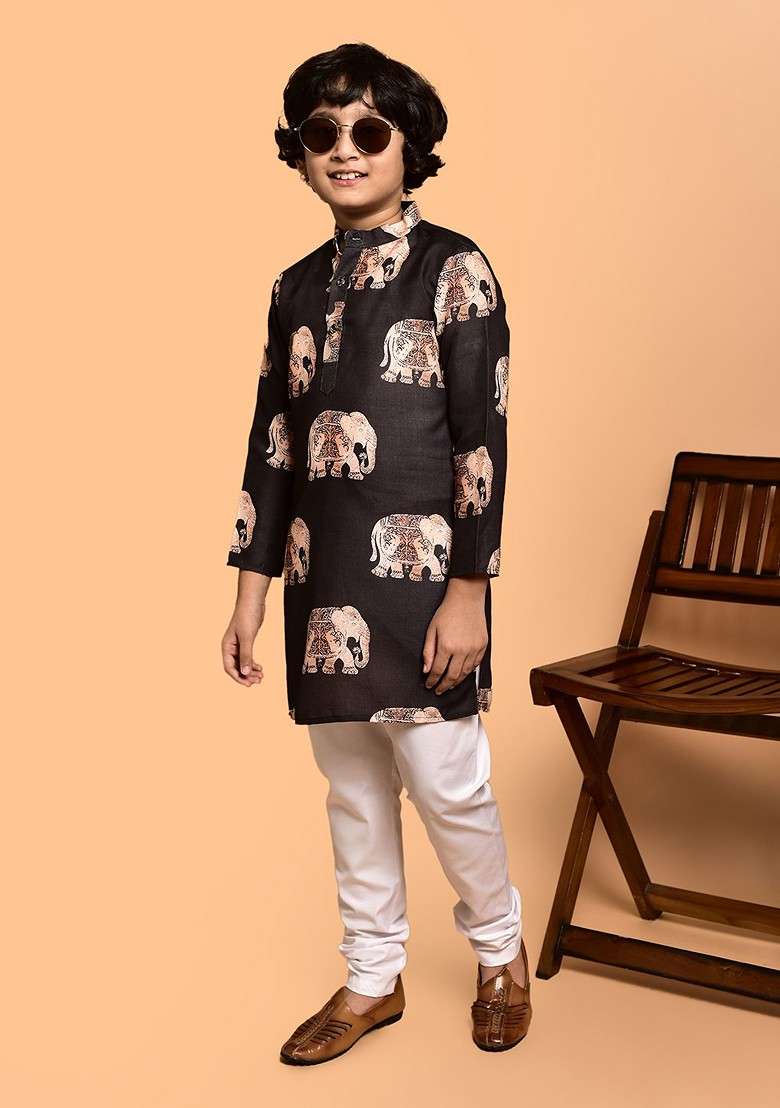 Coffee Brown Printed Blended Kurta Set For Boys - Indya