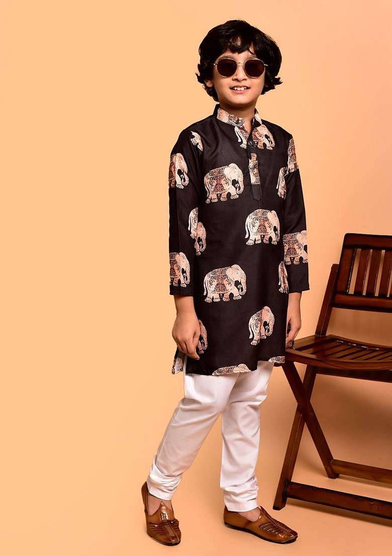 Coffee Brown Printed Blended Kurta Set For Boys - Indya