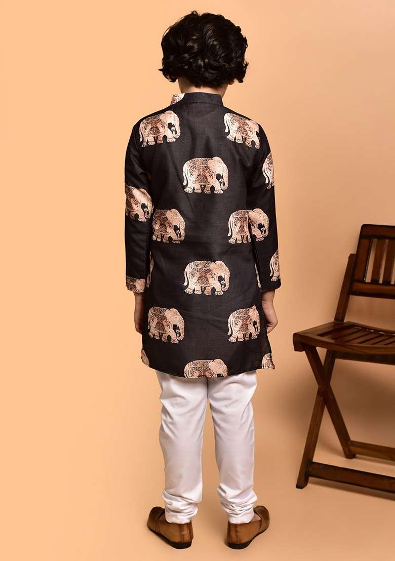 Coffee Brown Printed Blended Kurta Set For Boys - Indya