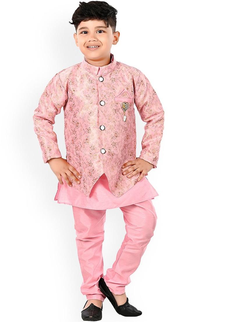 Pink Embroidered Blended Kurta Set For Boys - Indya