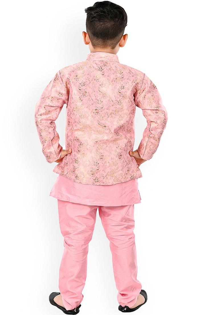 Pink Embroidered Blended Kurta Set For Boys - Indya