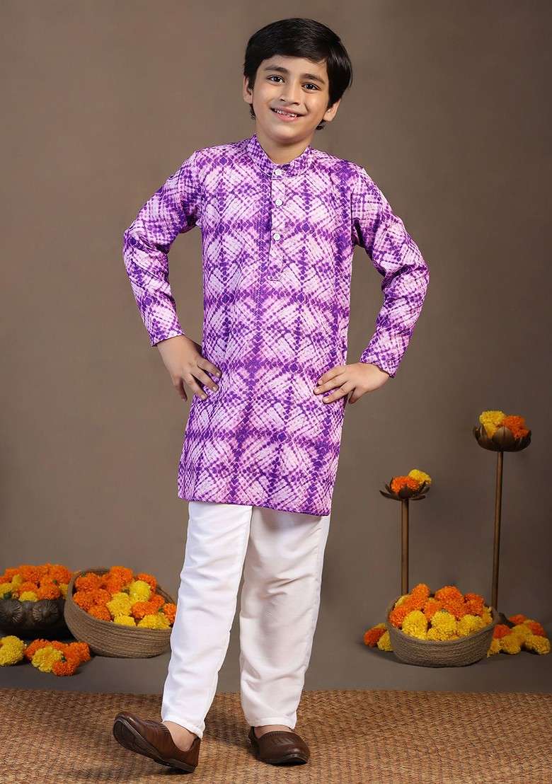 Violet Printed Blended Kurta Set For Boys - Indya