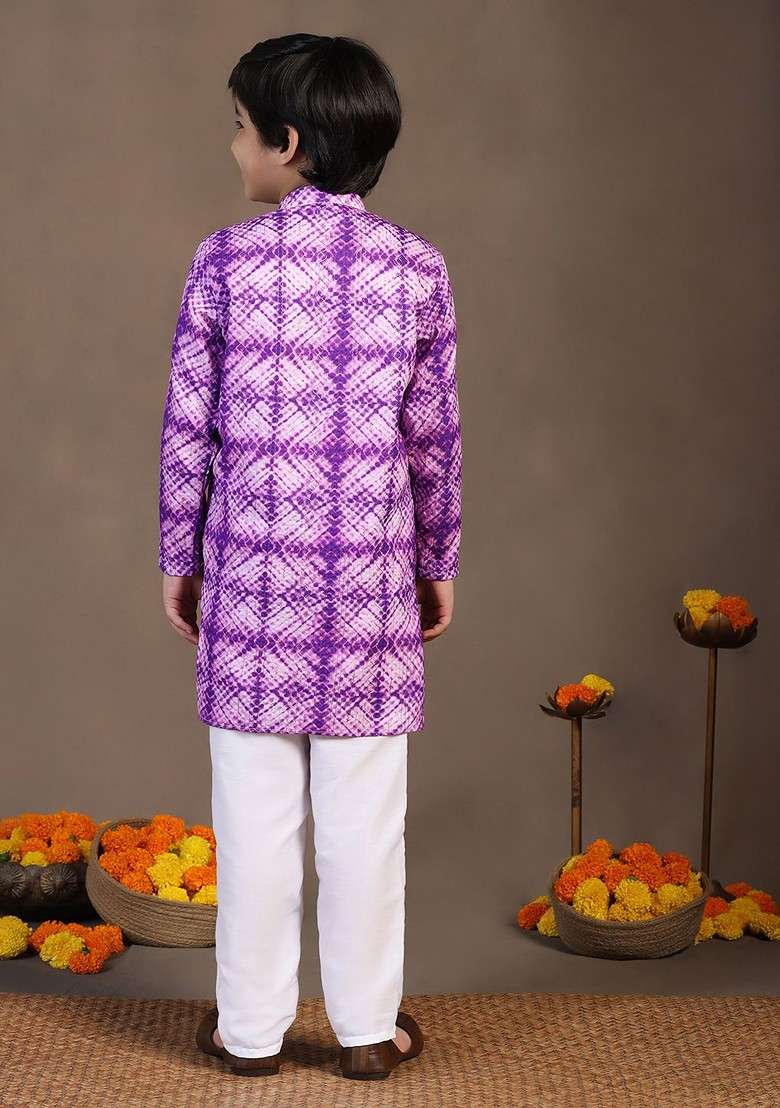 Violet Printed Blended Kurta Set For Boys - Indya