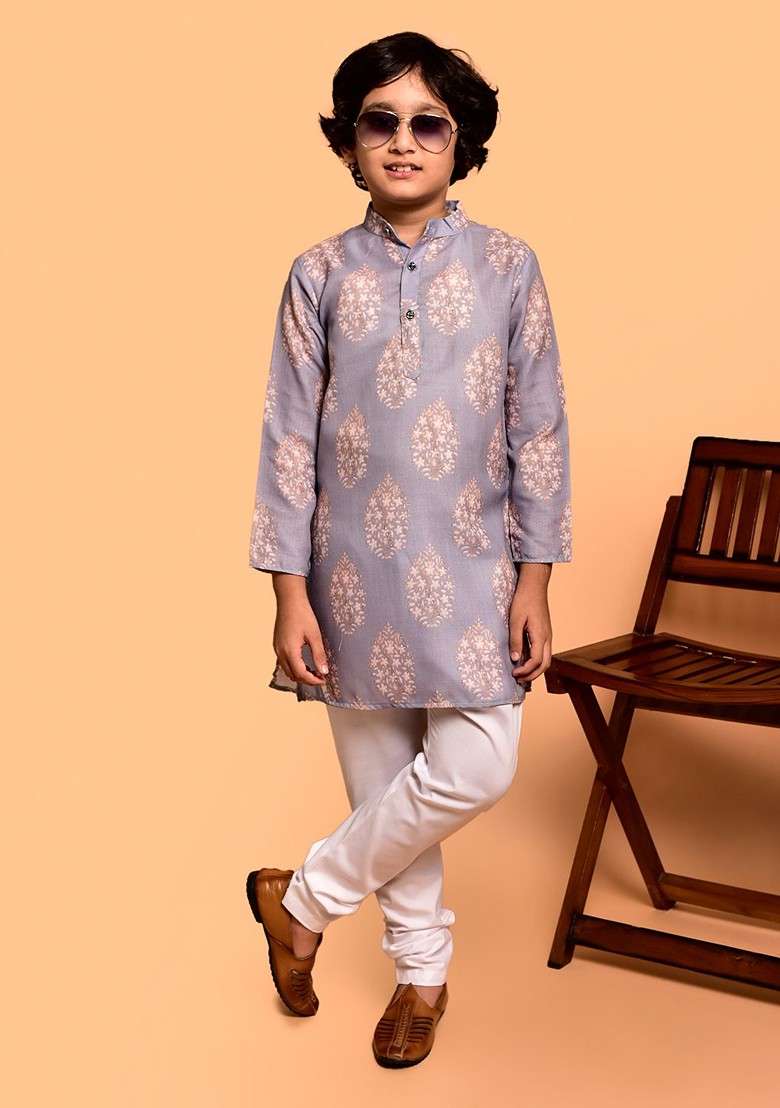 Purple Printed Blended Kurta Set For Boys - Indya