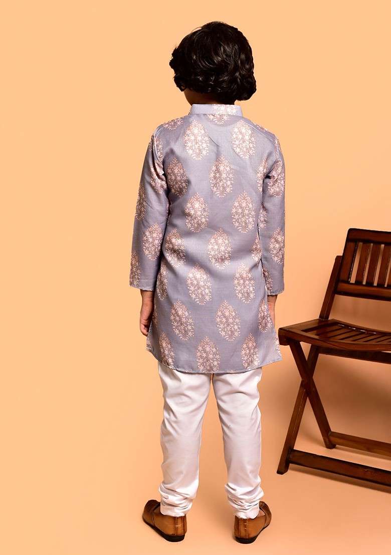Purple Printed Blended Kurta Set For Boys - Indya