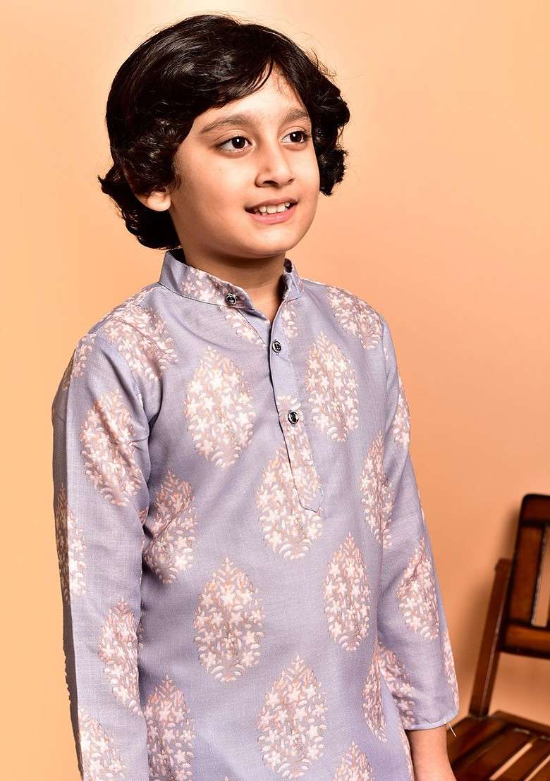 Purple Printed Blended Kurta Set For Boys - Indya