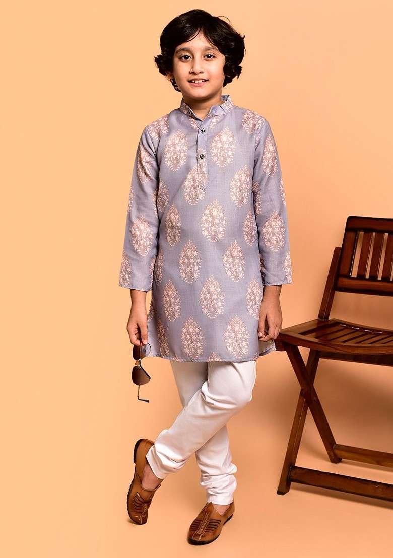 Purple Printed Blended Kurta Set For Boys - Indya