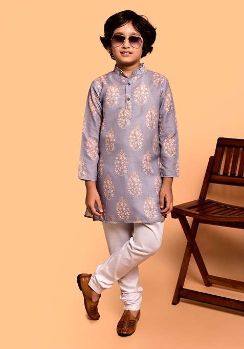 Purple Printed Blended Kurta Set For Boys