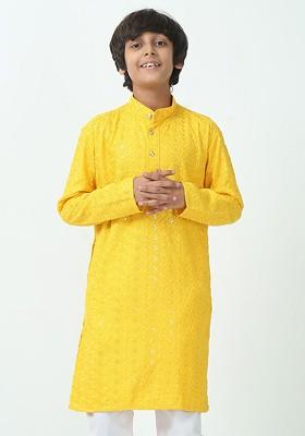 Yellow Embroidered Blended Kurta Set For Boys