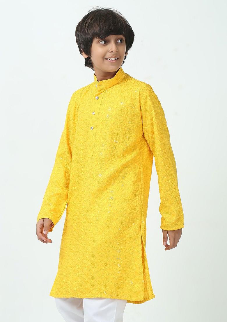 Yellow Embroidered Blended Kurta Set For Boys - Indya