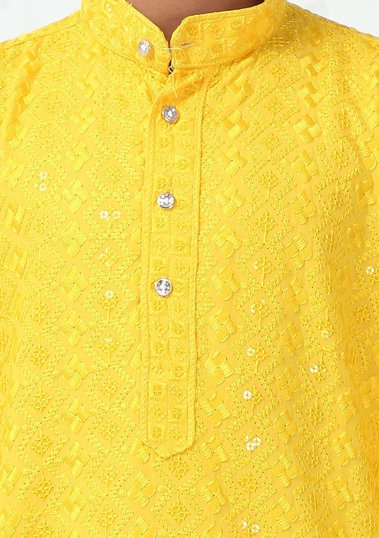 Yellow Embroidered Blended Kurta Set For Boys - Indya