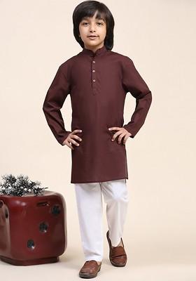 Brown Embroidered Cotton Kurta Set For Boys
