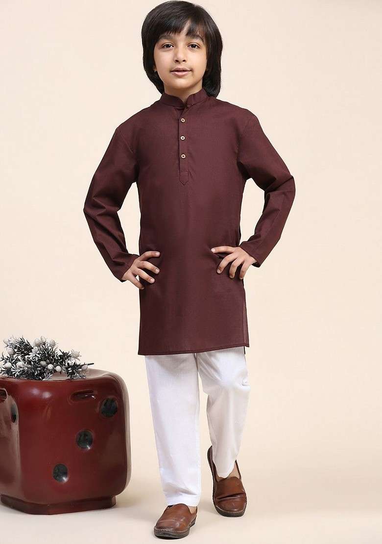 Brown Embroidered Cotton Kurta Set For Boys - Indya