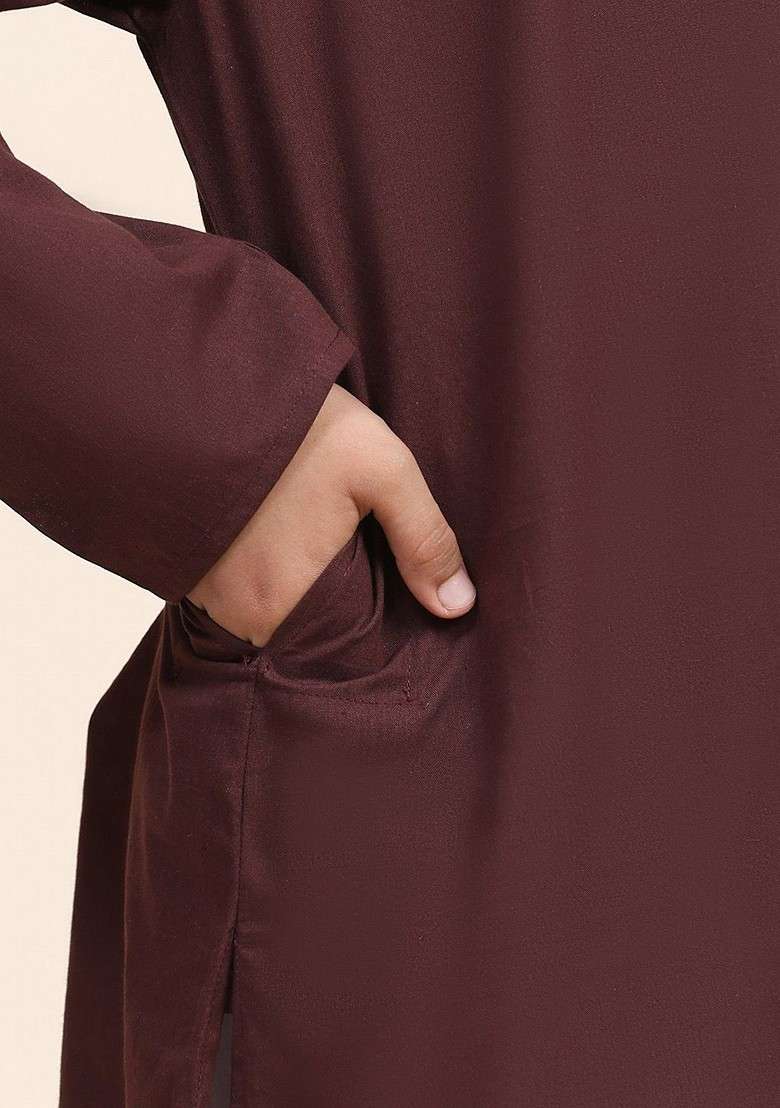 Brown Embroidered Cotton Kurta Set For Boys - Indya