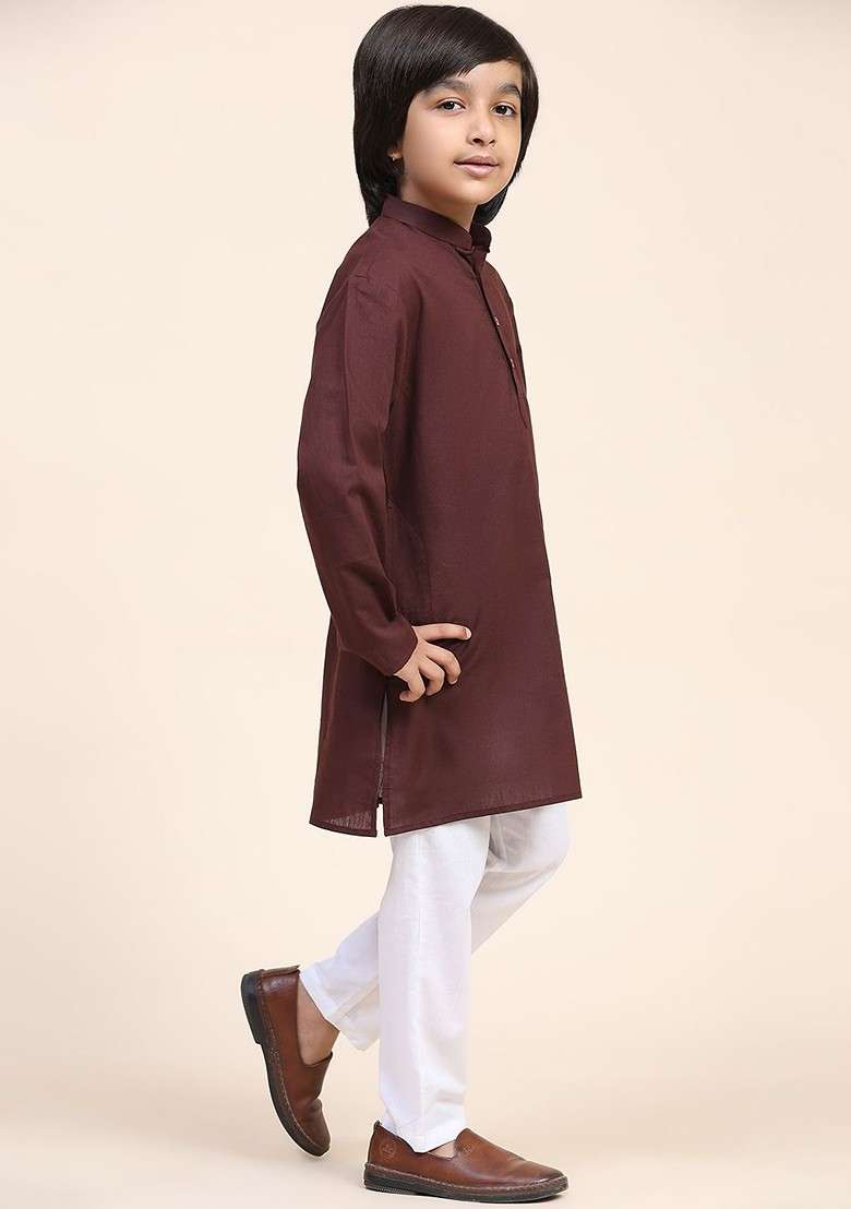 Brown Embroidered Cotton Kurta Set For Boys - Indya