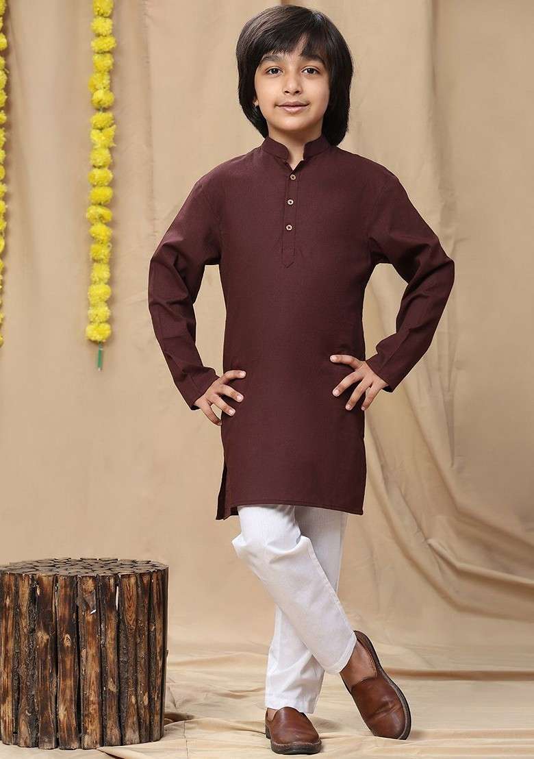 Brown Embroidered Cotton Kurta Set For Boys - Indya