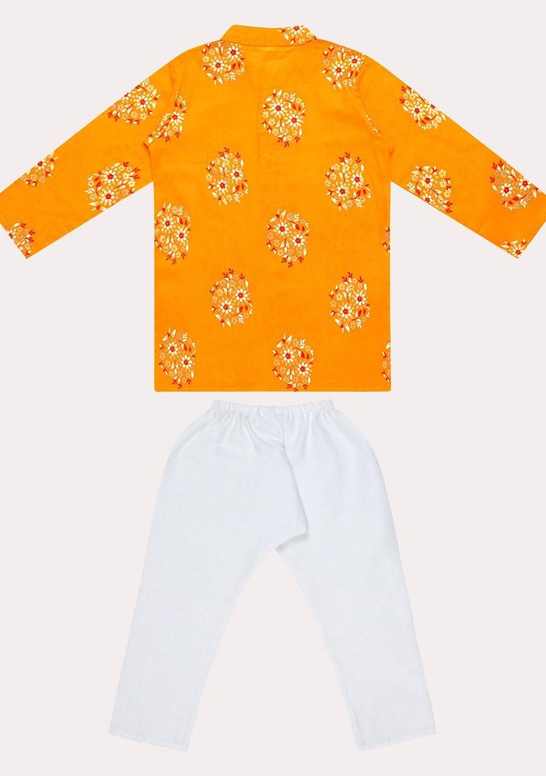 Yellow Printed Cotton Kurta Set For Boys - Indya