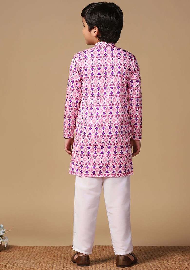Pink Printed Blended Kurta Set For Boys - Indya