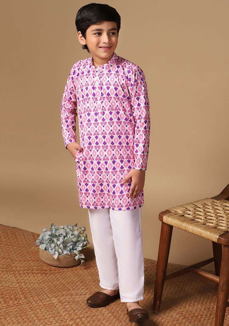 Pink Printed Blended Kurta Set For Boys - Indya
