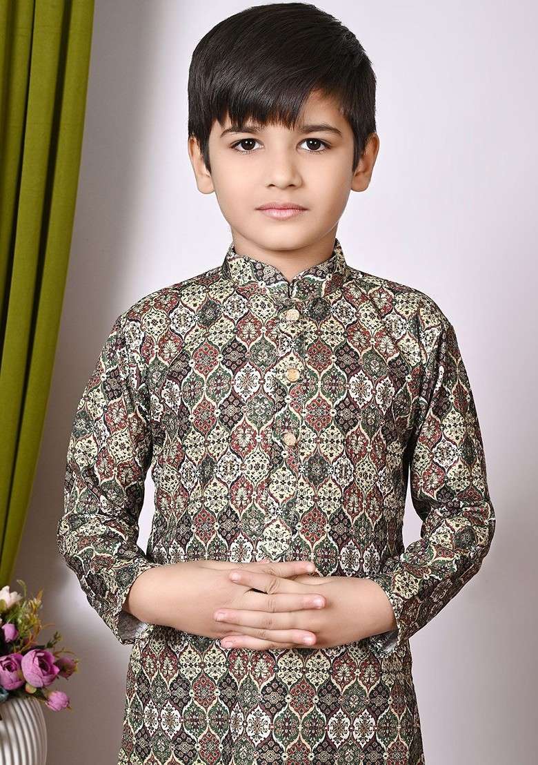 Green Embroidered Blended Kurta Set For Boys - Indya