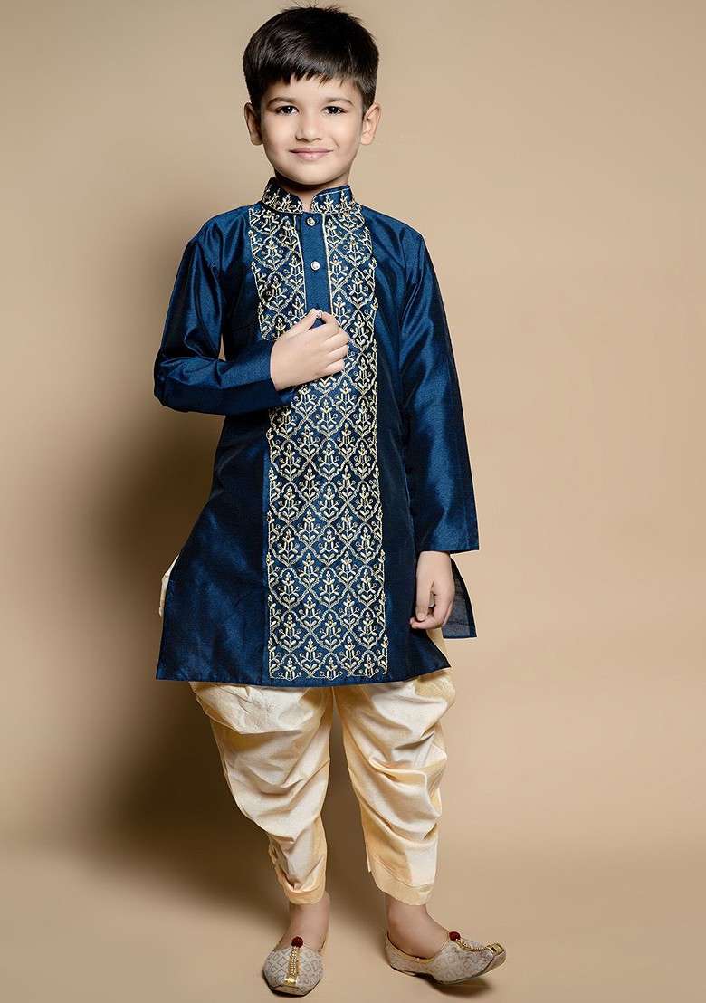 Navy Blue Embroidered Silk Kurta Set For Boys - Indya