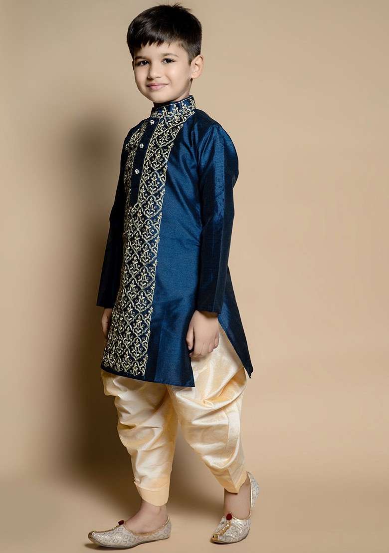 Navy Blue Embroidered Silk Kurta Set For Boys - Indya
