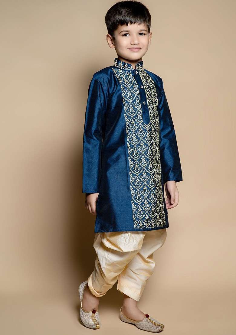 Navy Blue Embroidered Silk Kurta Set For Boys - Indya