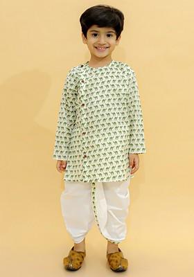 Green Printed Cotton Kurta Dhoti Set For Boys