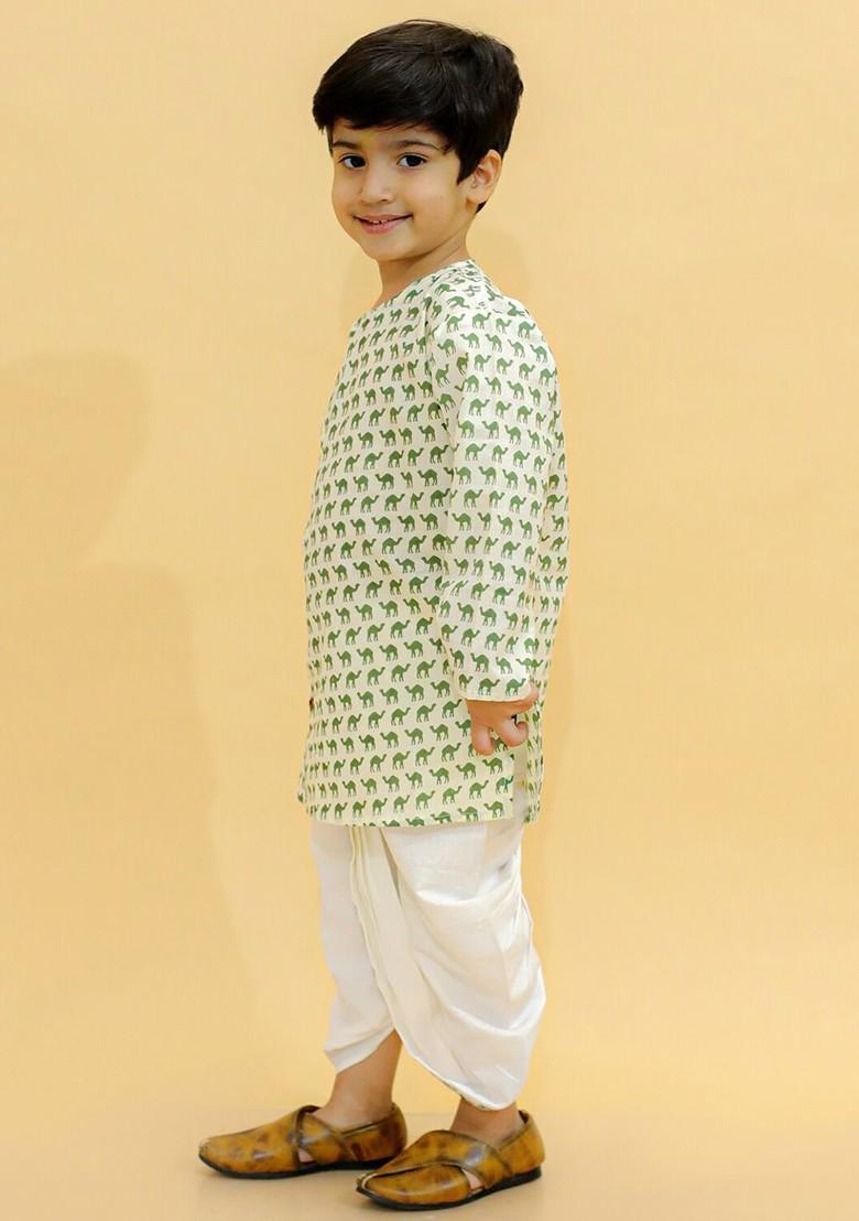 Green Printed Cotton Kurta Dhoti Set For Boys - Indya