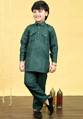 Green Embroidered Blended Kurta Set For Boys