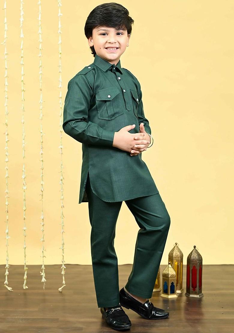 Green Embroidered Blended Kurta Set For Boys - Indya