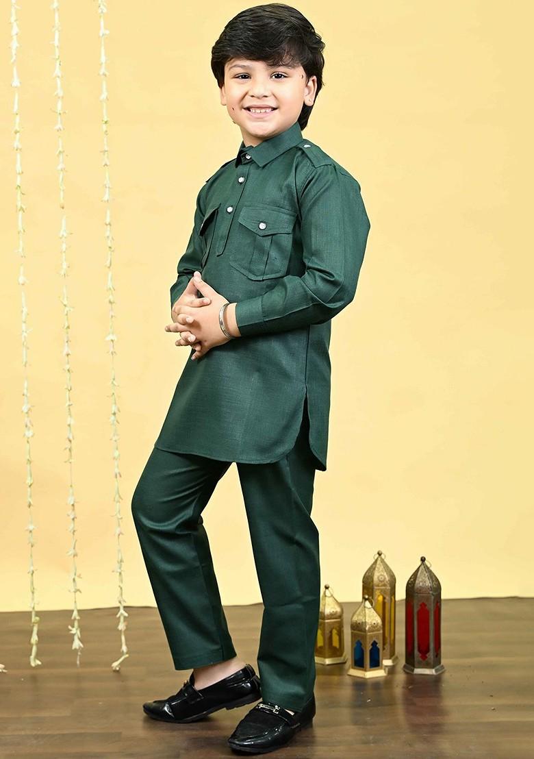 Green Embroidered Blended Kurta Set For Boys - Indya